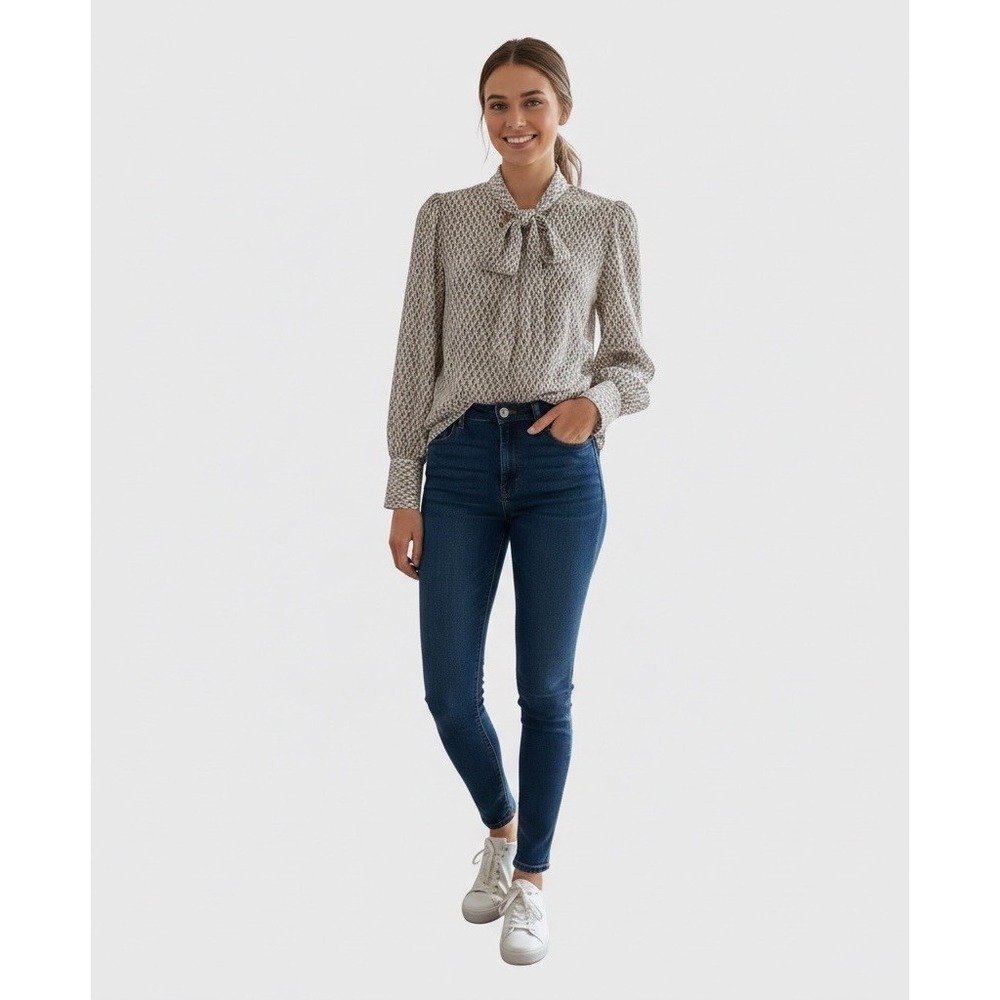 Adrianna Papell Womens Tie-Neck Button-Up Long Sleeve Geometric Tunic Blouse XS‎